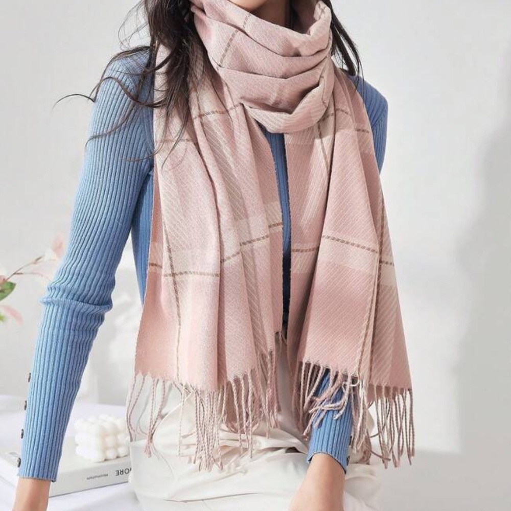 Cozy cashmere feel plaid fringe scarf